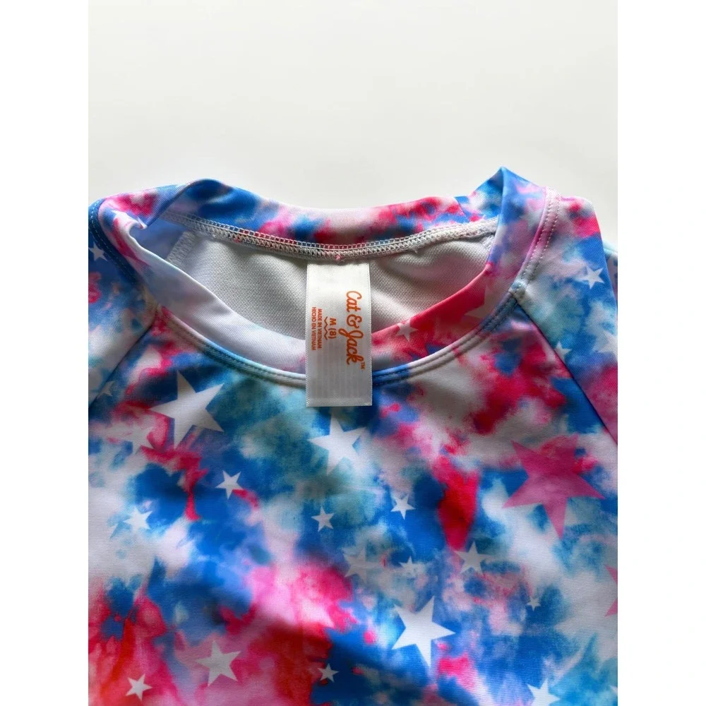 Cat & Jack Girls Tie Dye Star Rash Guard 2 Piece Swimsuit Red White Blue Size 8